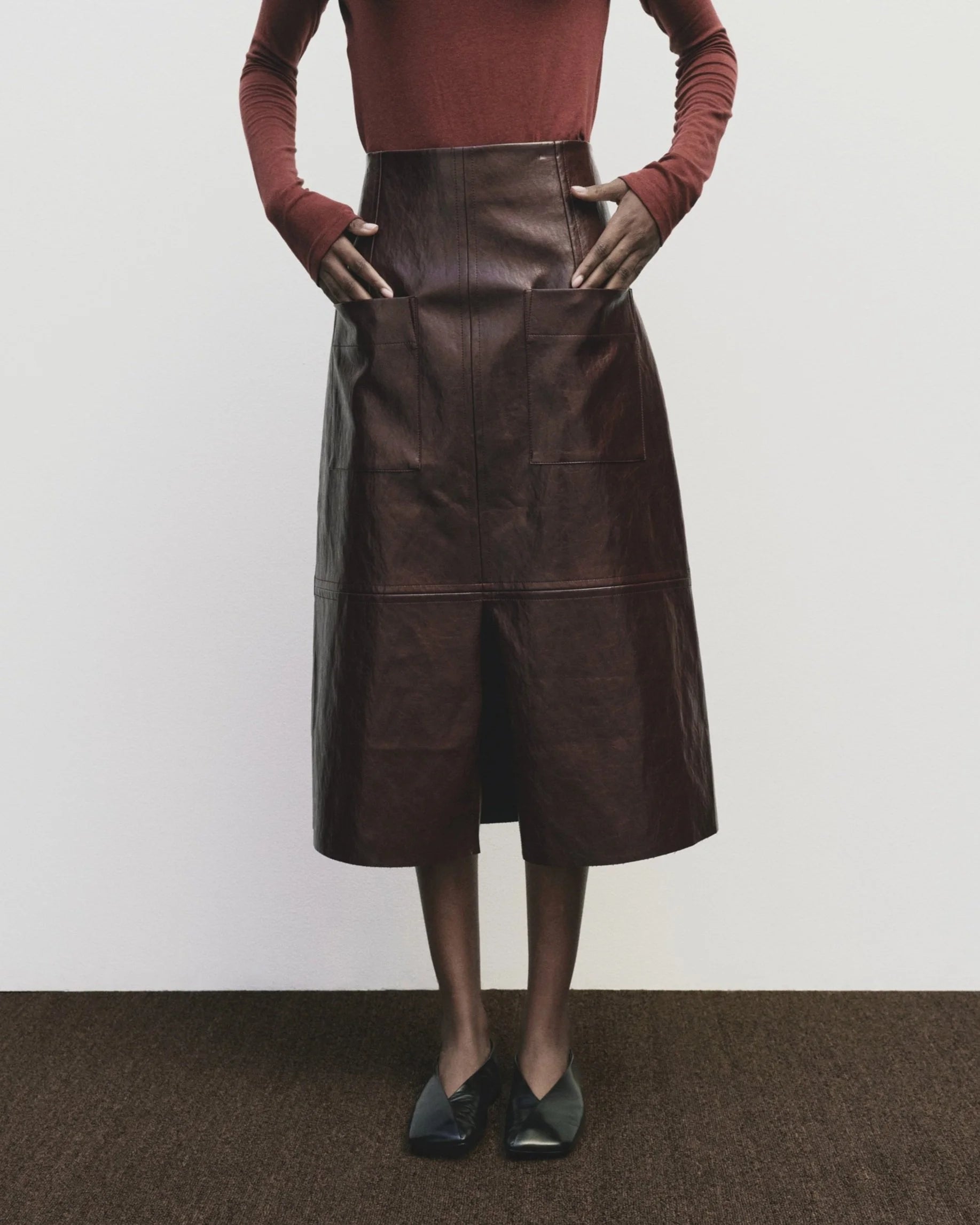 Faux Leather Skirt in Burgundy, from Mijeong Park