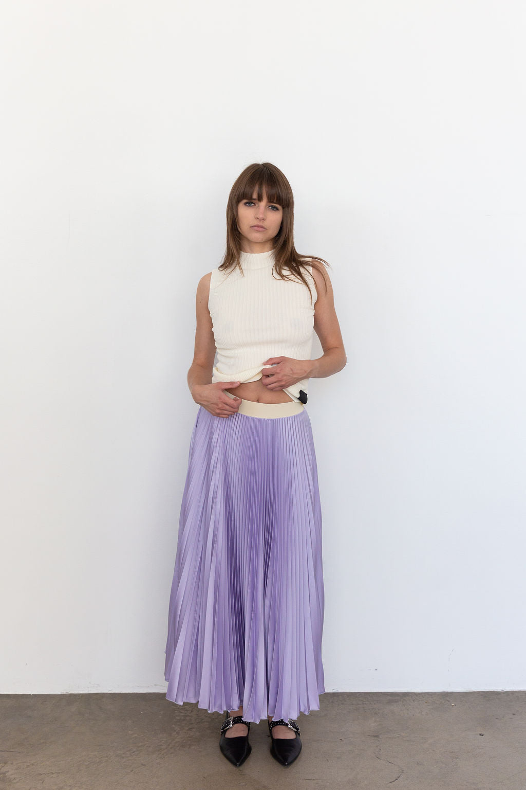 2601 Classic Satin Midi Skirt in Lilac, from Loyd Ford