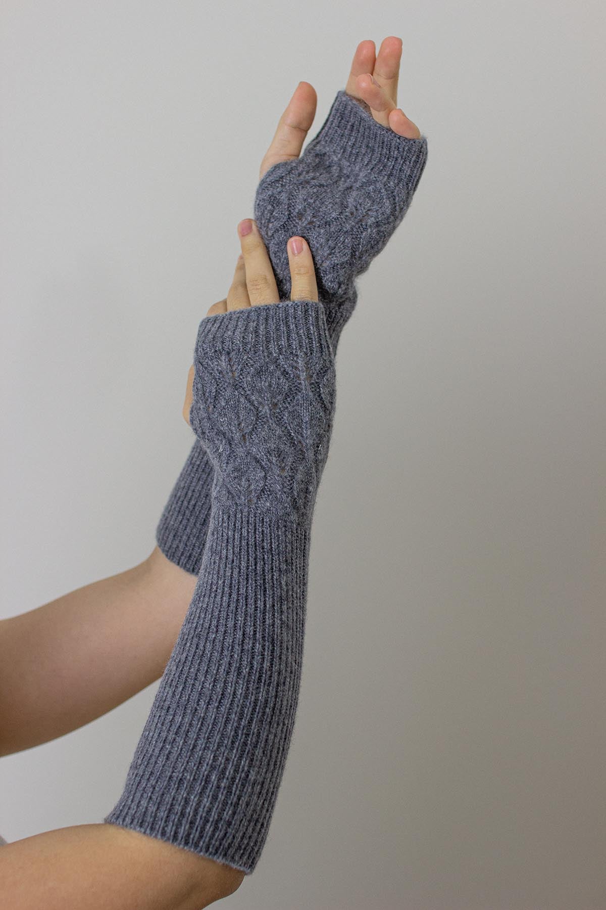 Leaf Knit Cashmere Fingerless Arm Warmer in Grey, from Oats and Rice